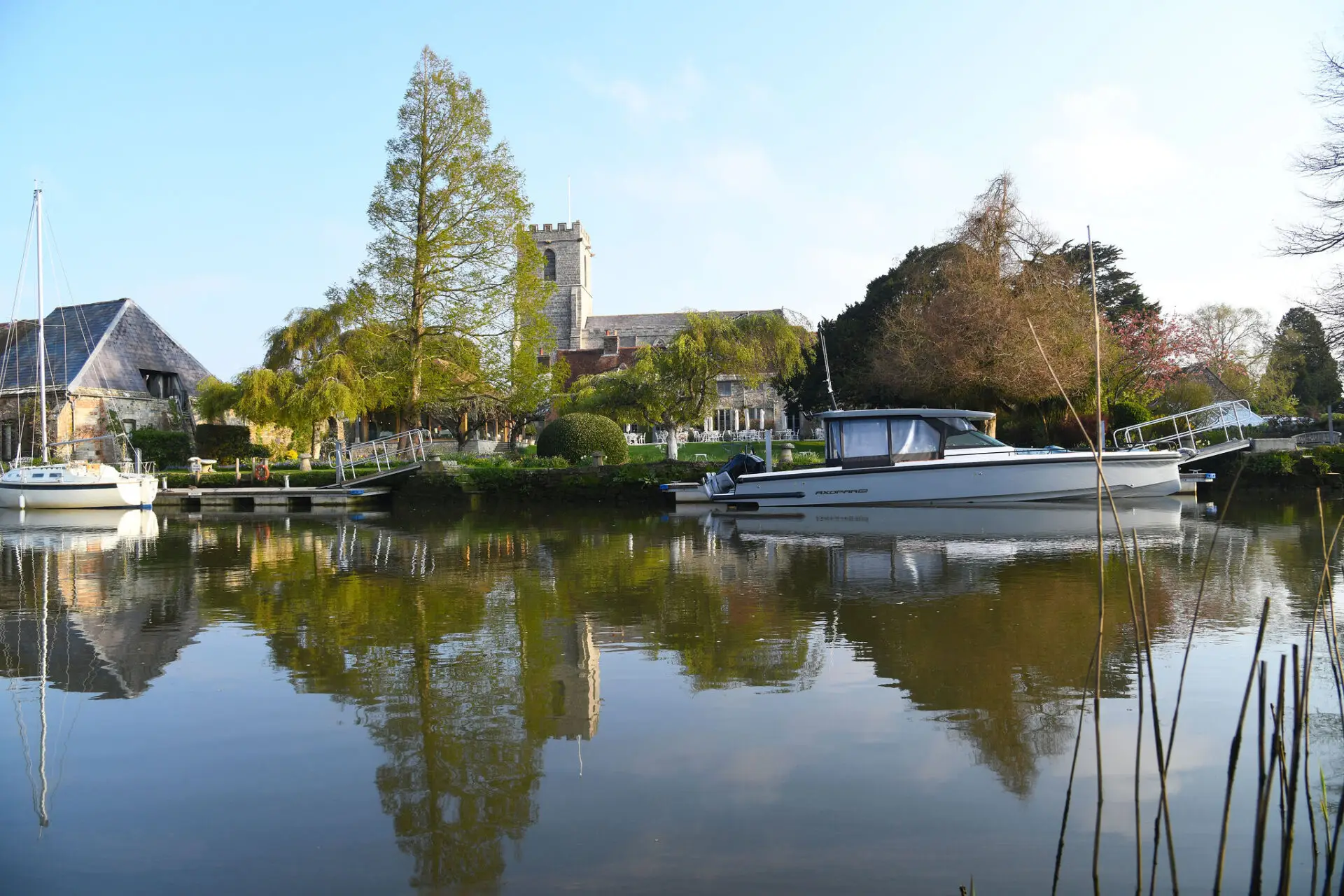 River Frome looking onto the Priory hotel in Wareham